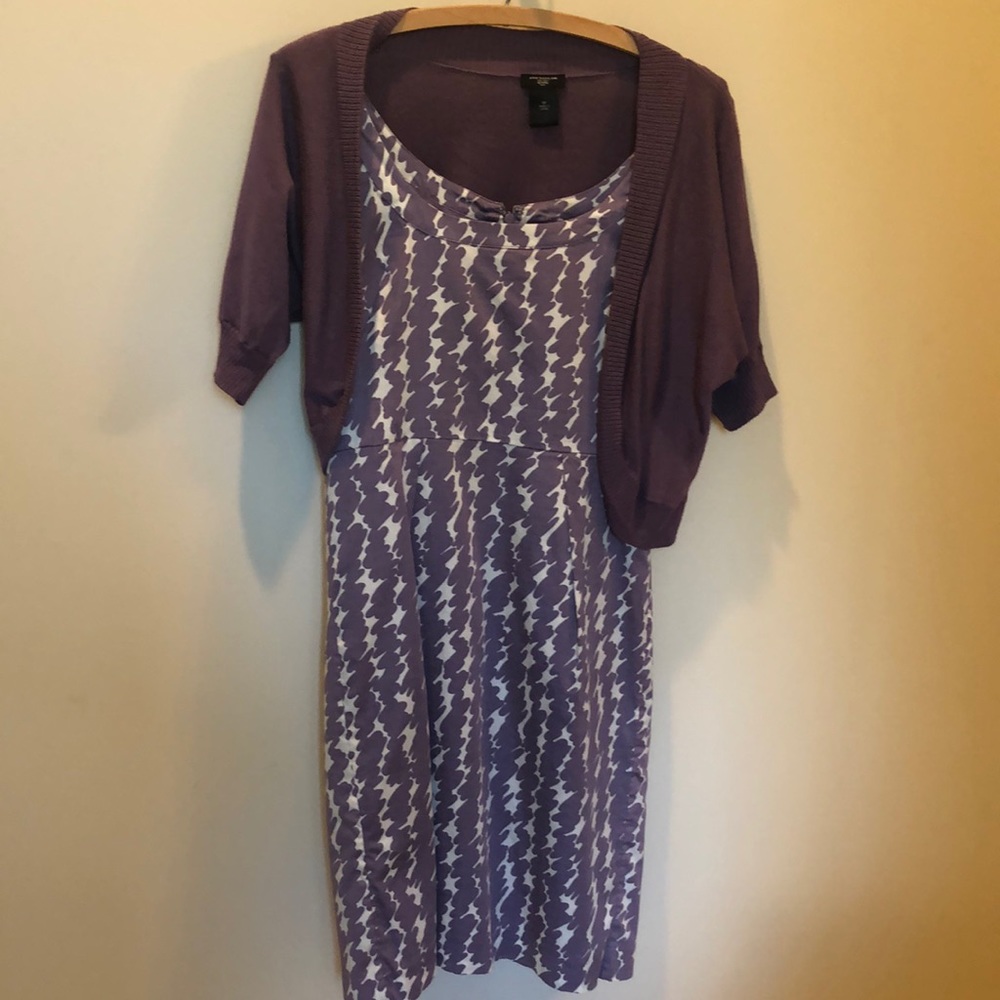 Ann Taylor sleeveless dress.  Size 2. Purple and cream. Includes sweater.